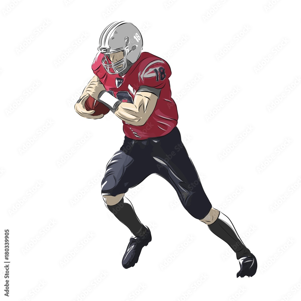 American football player with ball, isolated vector illustration