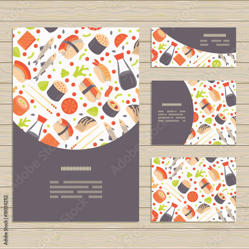 Set of cards on Japanese Sushi  theme.