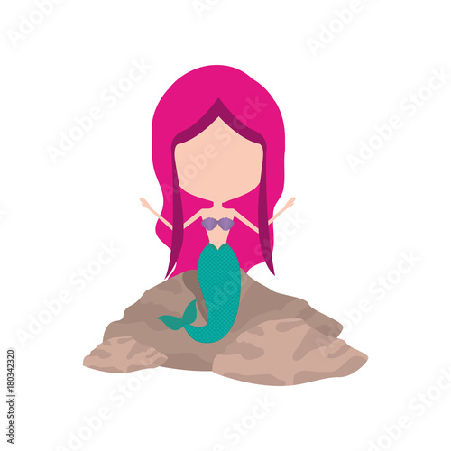 mermaid in a rock without face and magenta hair on white background