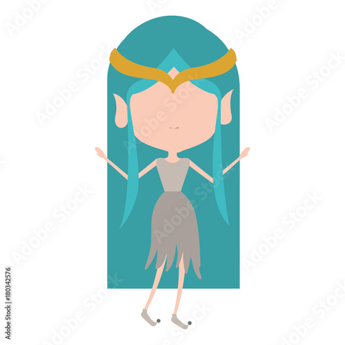 elf princess without face and blue long hair and dress on white background
