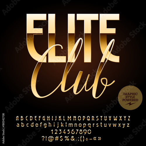 Vector Luxury emblem Elite Club. Chic Alphabet letters, Numbers and Punctuation Symbols. Golden Font with Graphic style photo