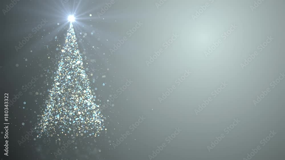 Merry Christmas greeting video card. Christmas tree with shining light, falling snowflakes and stars, 4K video background