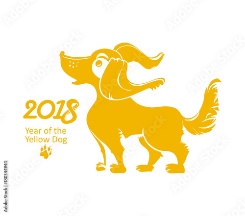 Funny Yellow Dog 2018. Flat vector template for the New Year s design. Dog - symbol of 2018 on the Chinese calendar.