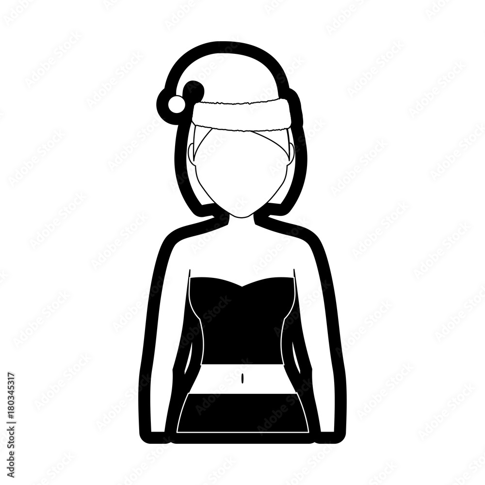 flat line monochromatic woman with santa hat over white background vector illustration flat line monochromatic woman with santa hat over white background vector illustration