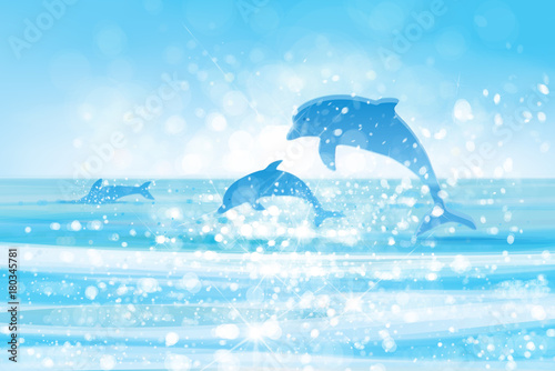 Vector  blue sea  and jumping dolphins.