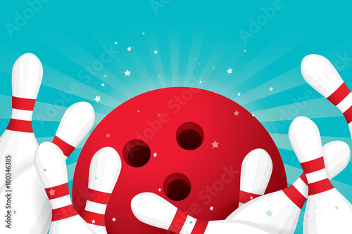 Vector of red bowling ball crashing into the pins.