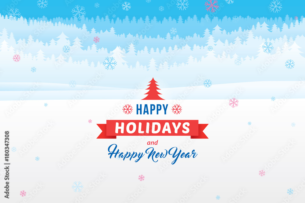 Happy holidays and Happy New Year on winter landscape with snowflakes and pine forest background. Happy holidays and Happy New Year on winter landscape with snowflakes and pine forest background.