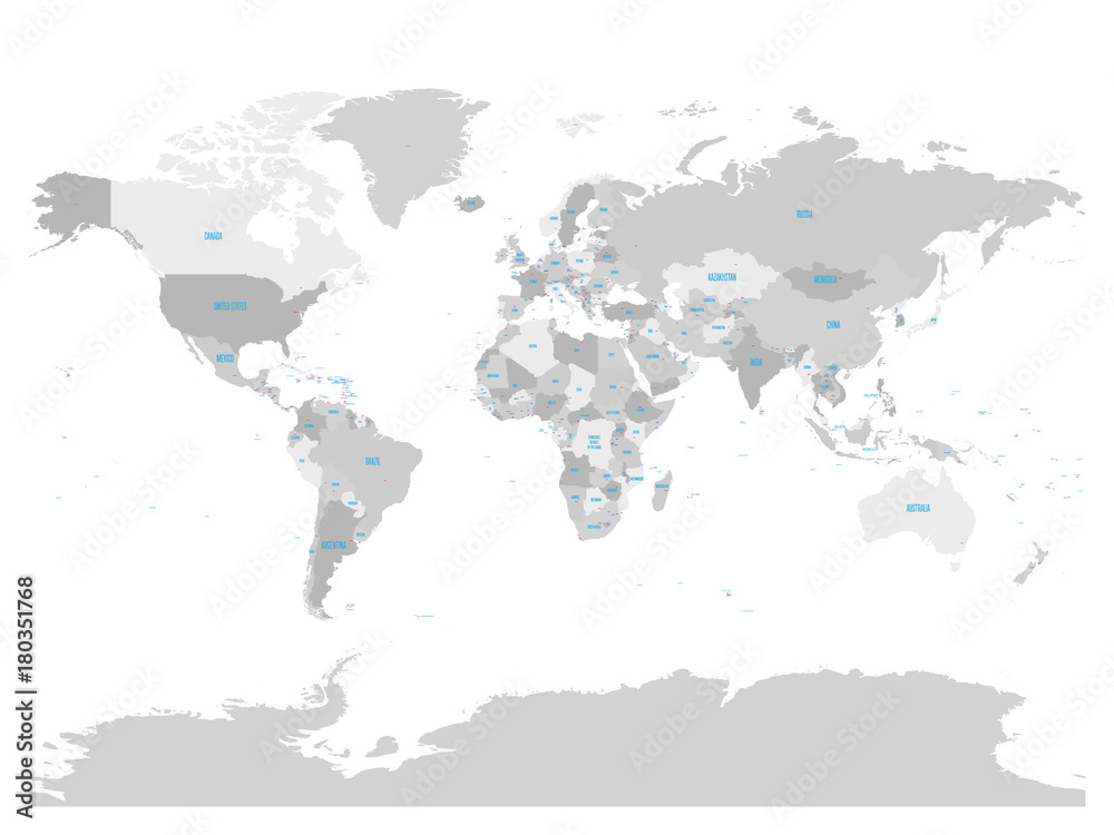 Political map of World with country names and capital cities. Grey vector map. Political map of World with country names and capital cities. Grey vector map.