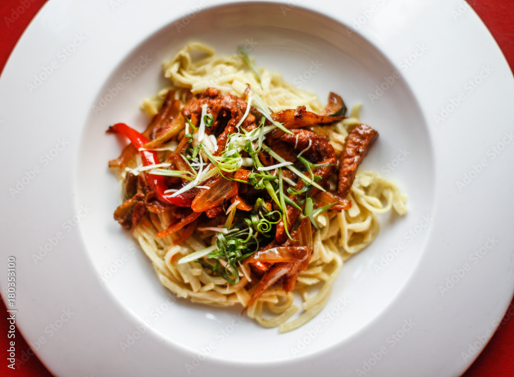 Tasty pasta with mushrooms and sauce Tasty pasta with mushrooms and sauce