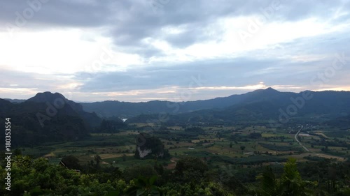 Phu Lang Ka national park, famous mountain view point landscape at sunrise in morning with mist in Phayao Thailand. Time lapse