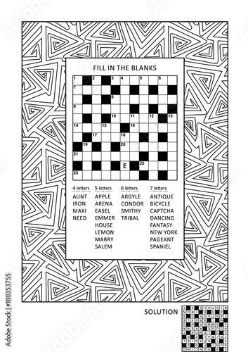 Puzzle and coloring activity page for grown-ups with criss-cross, or fill in, else kriss-kross word game (English) and wide decorative frame to color. Family friendly. Answer included.
 photo