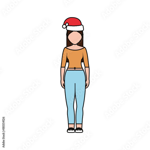 woman stading with christmas hat icon over white background vector illustration