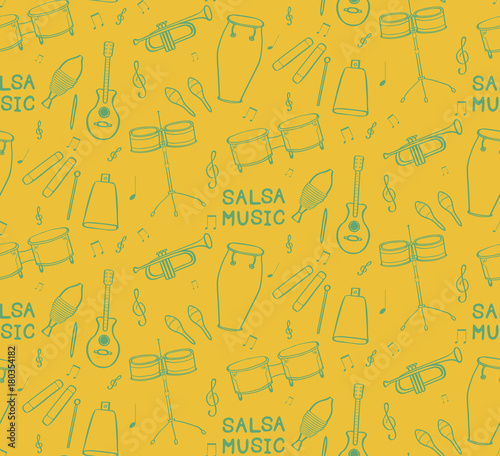 Seamless pattern with  hand drawn musical salsa instruments