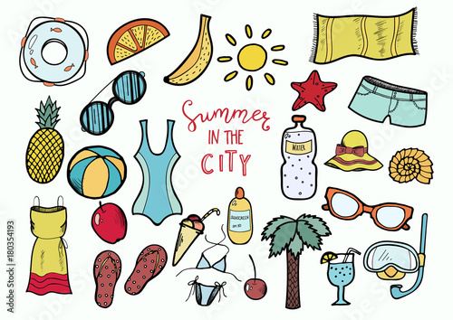 Set of vector hand drawn color summer.