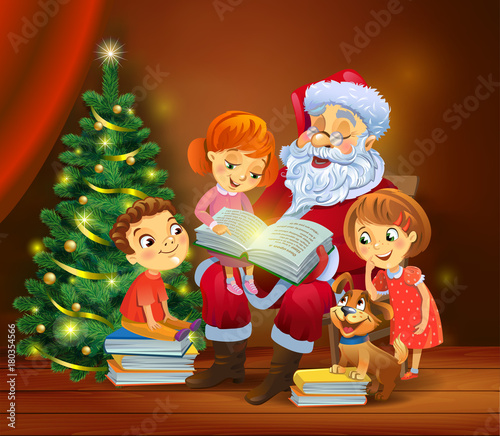 Santa Claus reading the book to children