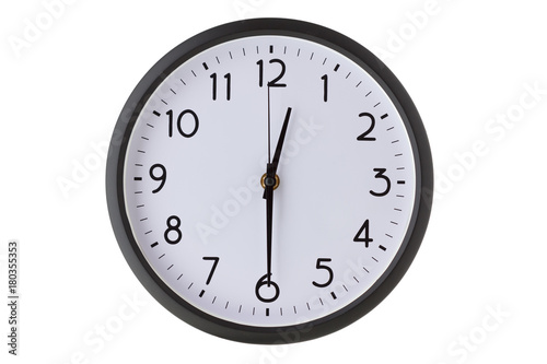 Round office wall clock on white, half past twelve