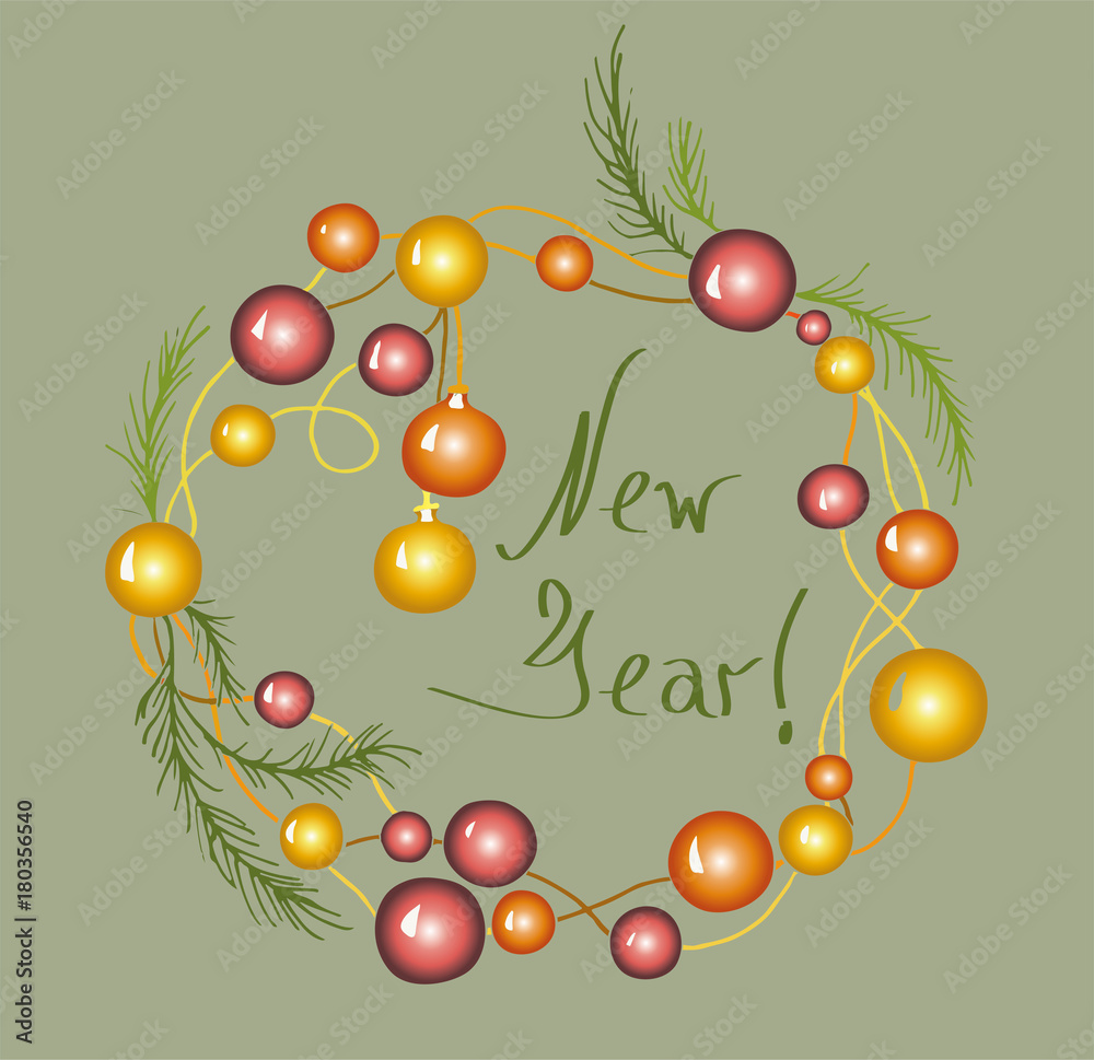 New Year's wreath of shiny balls and coniferous branches, an unusual ...