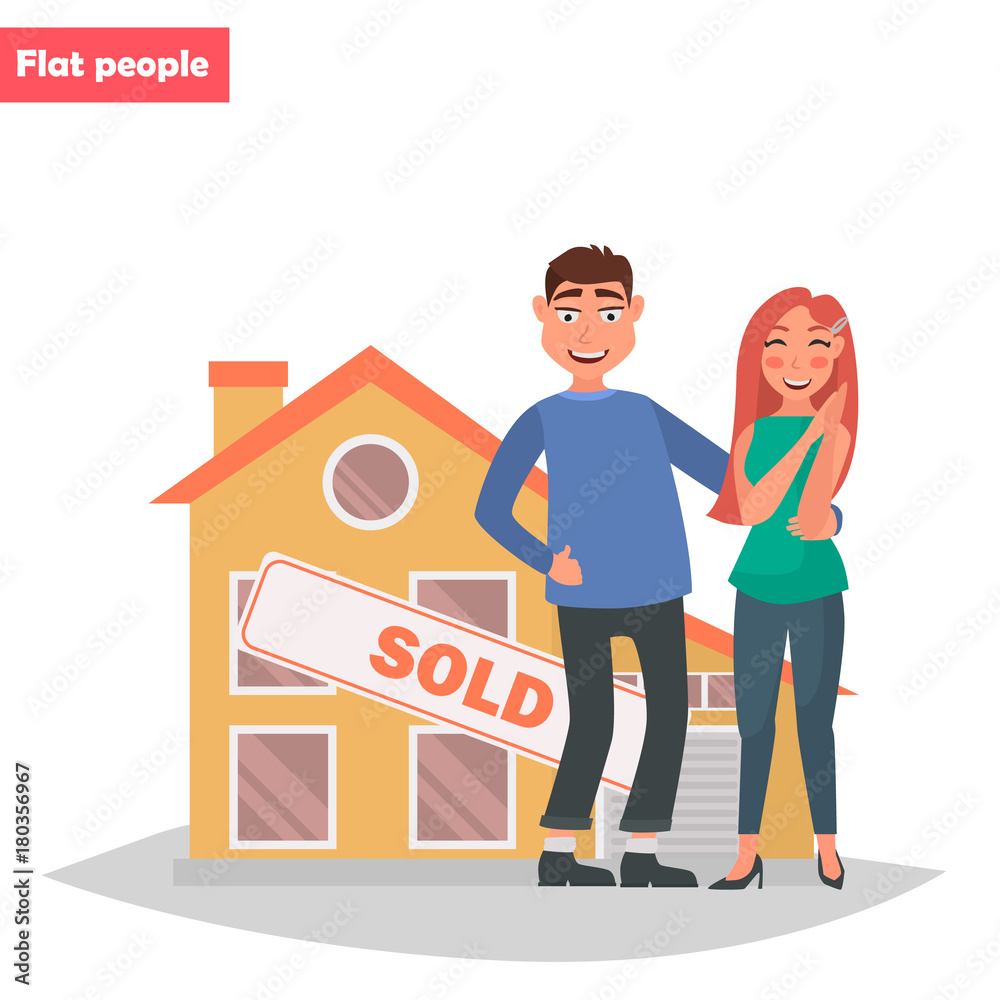 A young couple bought a house color flat illustration