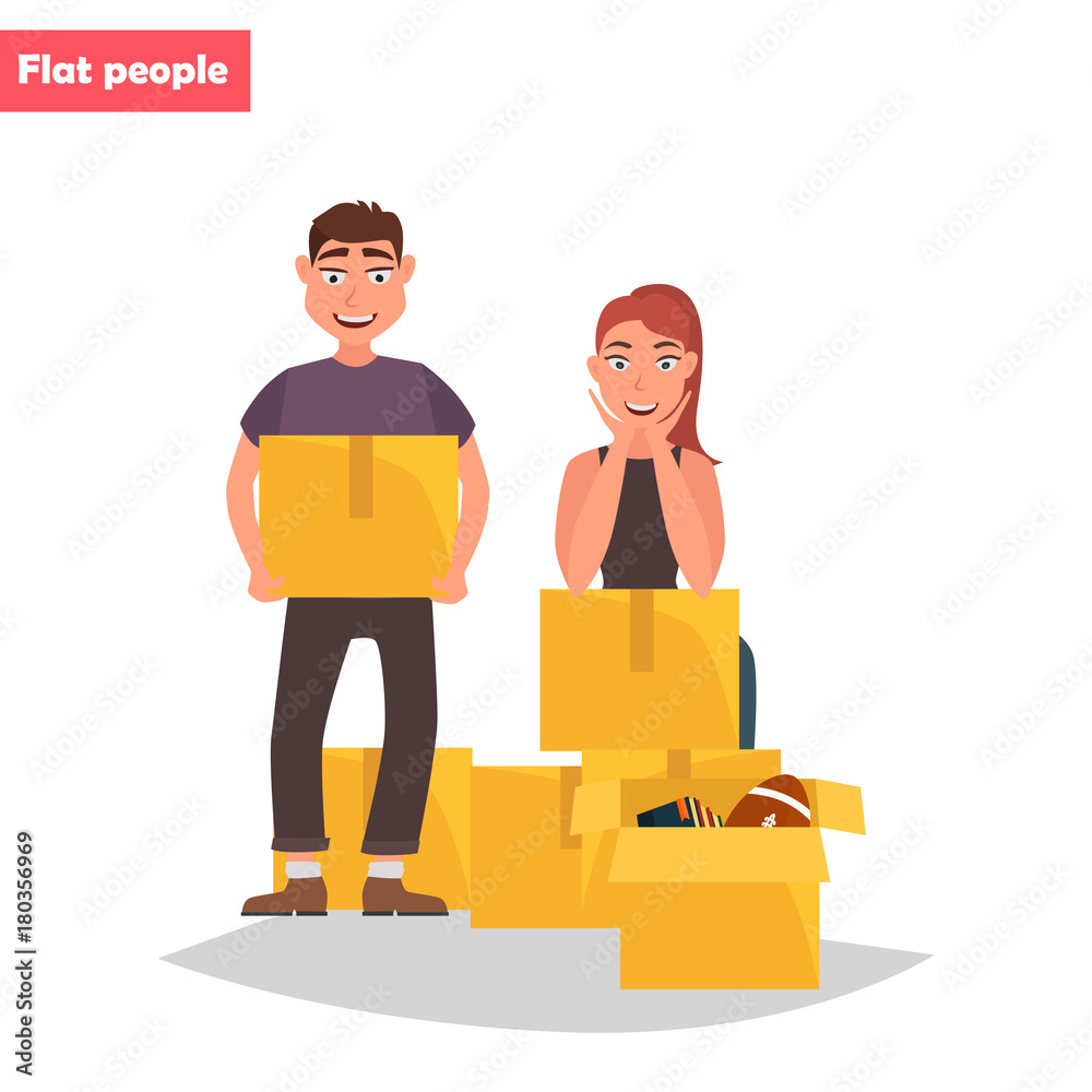 Obraz premium A young couple collects things in boxes color flat illustration