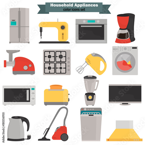 Household appliences color flat icons set