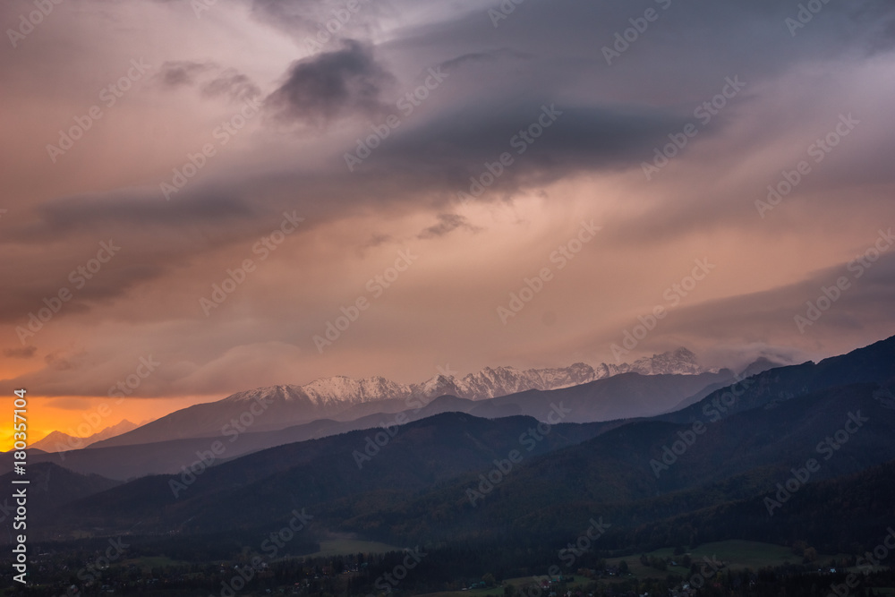 Dawn over Tatra mountains from Koscielisko, Poland
