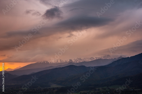 Dawn over Tatra mountains from Koscielisko, Poland