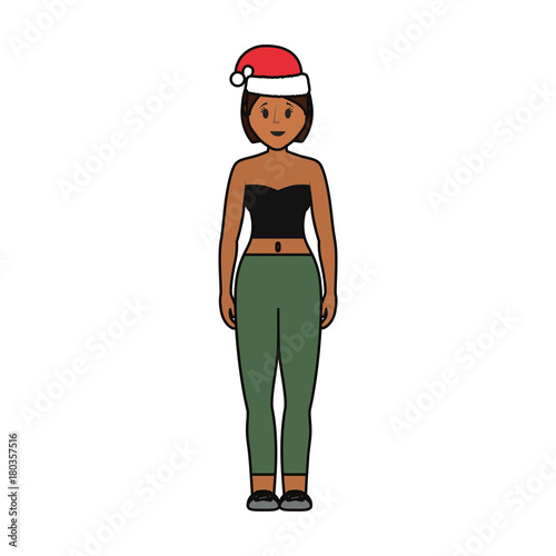 woman stading with christmas hat icon over white background vector illustration