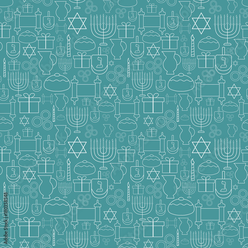 Hanukkah holiday flat design white thin line icons seamless pattern