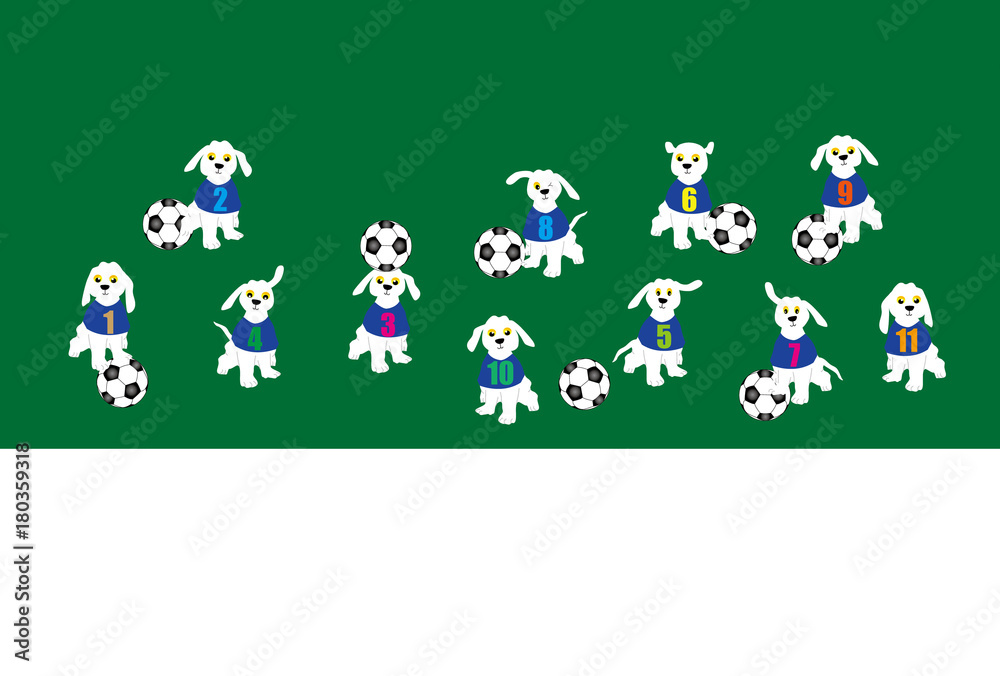 サッカーボールと犬のイラストのはがきテンプレート