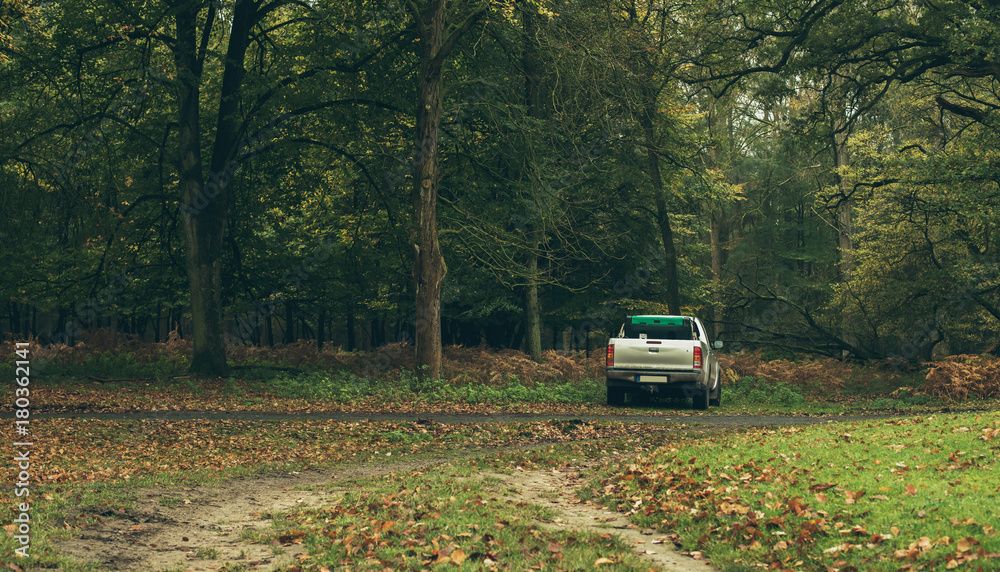 Pick-up truck parked in autumn forest. Wildlifepark Dulmen, Germany. Pick-up truck parked in autumn forest. Wildlifepark Dulmen, Germany.