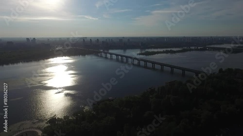 Wallpaper Mural Aerial Drone Flight Footage: Kiev, Ukraine. Aerial view of bridge. Bridge over Dnieper river. Sunrise on the Dnieper river. Torontodigital.ca