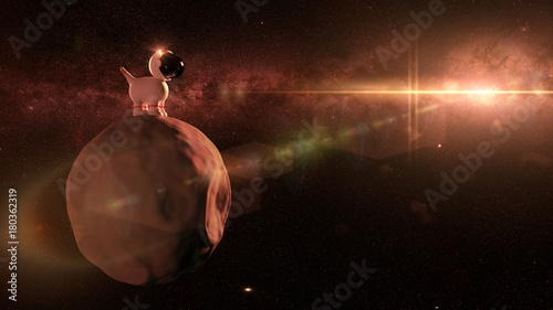 cute cartoon space dog in white space suit standing on an asteroid in front of the Milky Way galaxy (3d render)