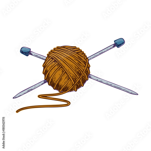 Tangle of yarn and knitting needles, colorful sketch illustration of accessories for handicrafts. Vector