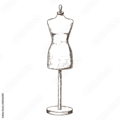Female tailors dummy on white background, sketch illustration of accessories for handicrafts. Vector