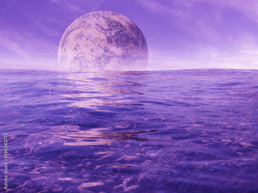 Fototapeta premium huge alien moon rising over the purple ocean of a distant planet