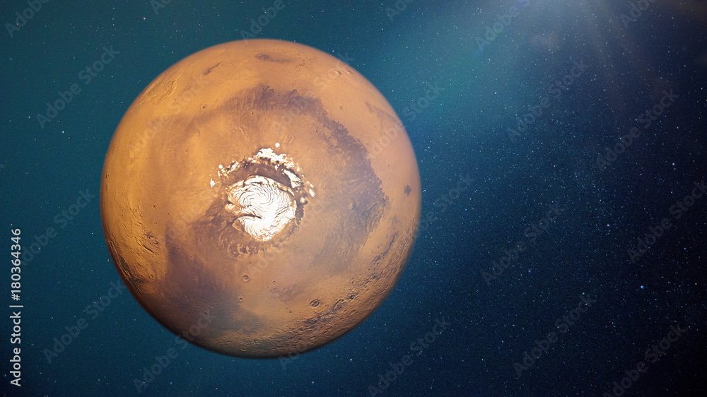 Fototapeta premium Mars in natural colors with the Red Planet's north polar ice cap
