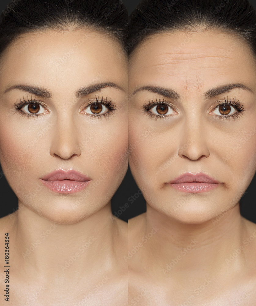 Aging. Mature woman-young woman.Face with skin problem Aging. Mature woman-young woman.Face with skin problem