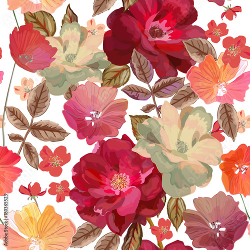 Abstract seamless pattern with isolated hand drawn flowers on wh