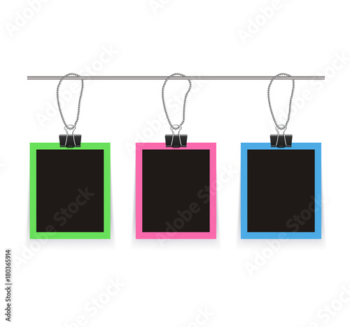 Isolated realistic empty vector photo frame mockup with clips. T