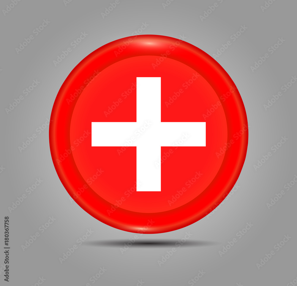 First aid cross icon. Medical cross icon. Web button glossy on grey background. 3D button Flag of Switzerland. Vector illustration.