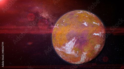 Fototapeta Naklejka Na Ścianę i Meble -  alien planet, habitable exoplanet with atmosphere and colorful surface lit by a red star