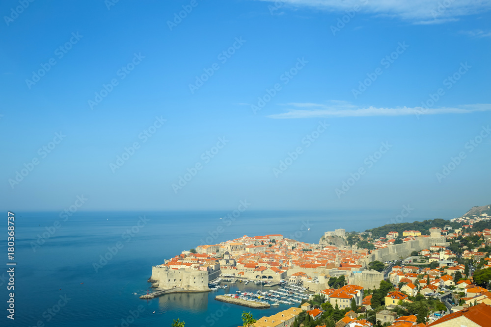 A view of the old town of Dubrovnik with the sea port in Croatia.  