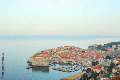 A view of the old town of Dubrovnik with the sea port in Croatia. 