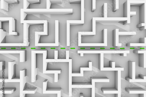 white maze structure, green arrows showing shortcut through the labyrinth garden 