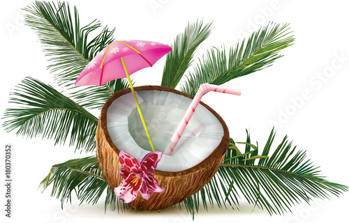 Coconut cocktail with palm leaves