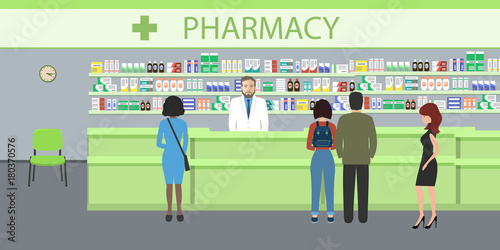 People in the pharmacy. The pharmacist man stands near the shelves with medicines. In the green hall there are visitors. Vector illustration.