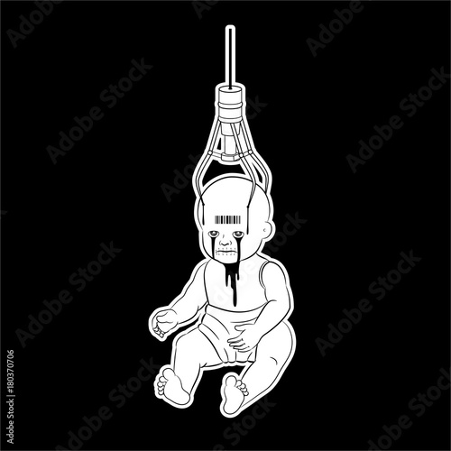 A mechanical arm selecting baby ghost doll. in claw game machine. tattoo design. illustration hand drawing. symbol for peace, pain, hope, alone, and lonely. illustration vector.