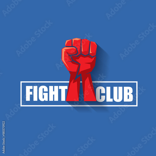 fight club vector logo with red man fist isolated on blue background. MMA Mixed martial arts design template