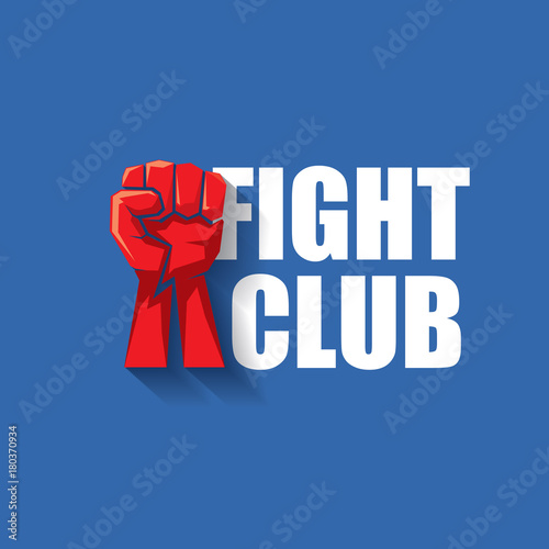 fight club vector logo with red man fist isolated on blue background. MMA Mixed martial arts design template