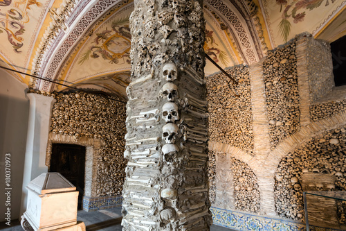 Evora, Portugal, August 17, 2017: Capela dos Ossos was built in the 16th century by a Franciscan monk to prod his fellow brothers into contemplation and transmit the message of life being transitory.